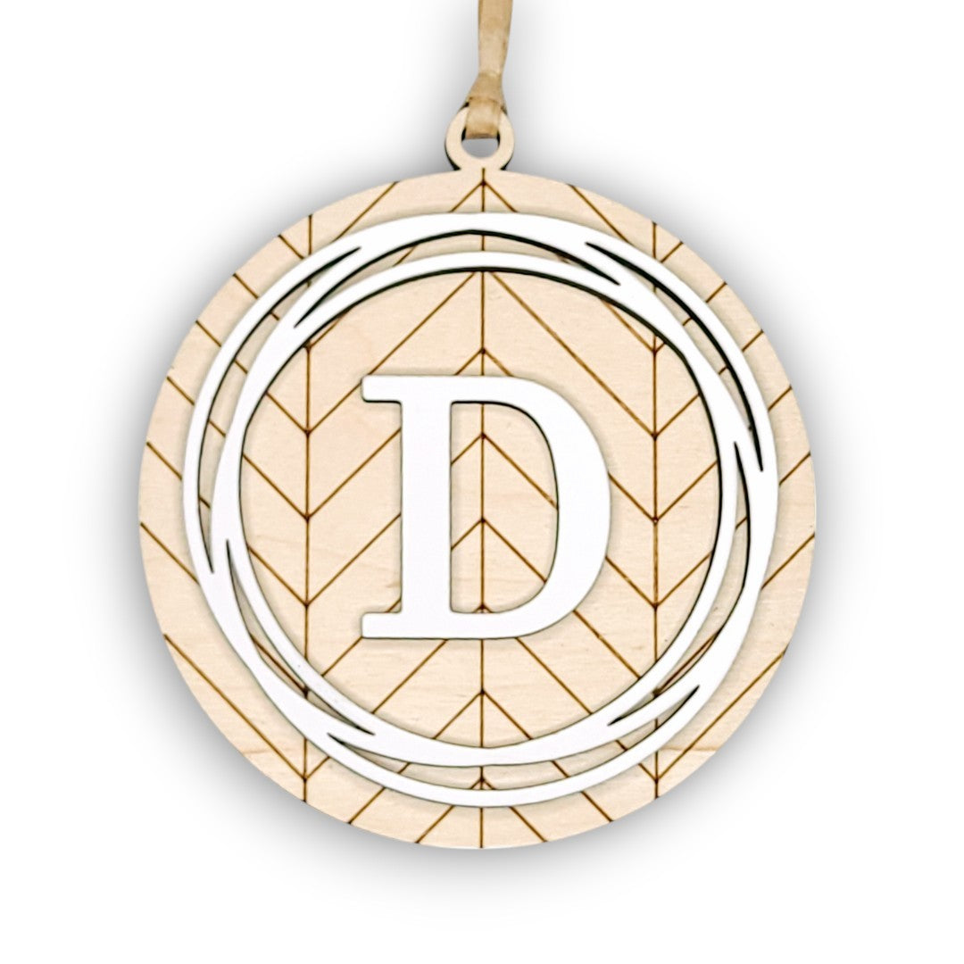 Chevron Pattern Monogram Ornament - Light wood with White Accents