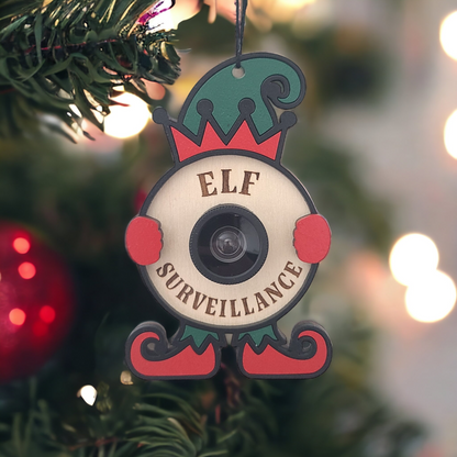 Elf Surveillance Wood Christmas Ornament