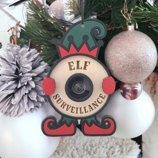 Elf Surveillance Wood Christmas Ornament