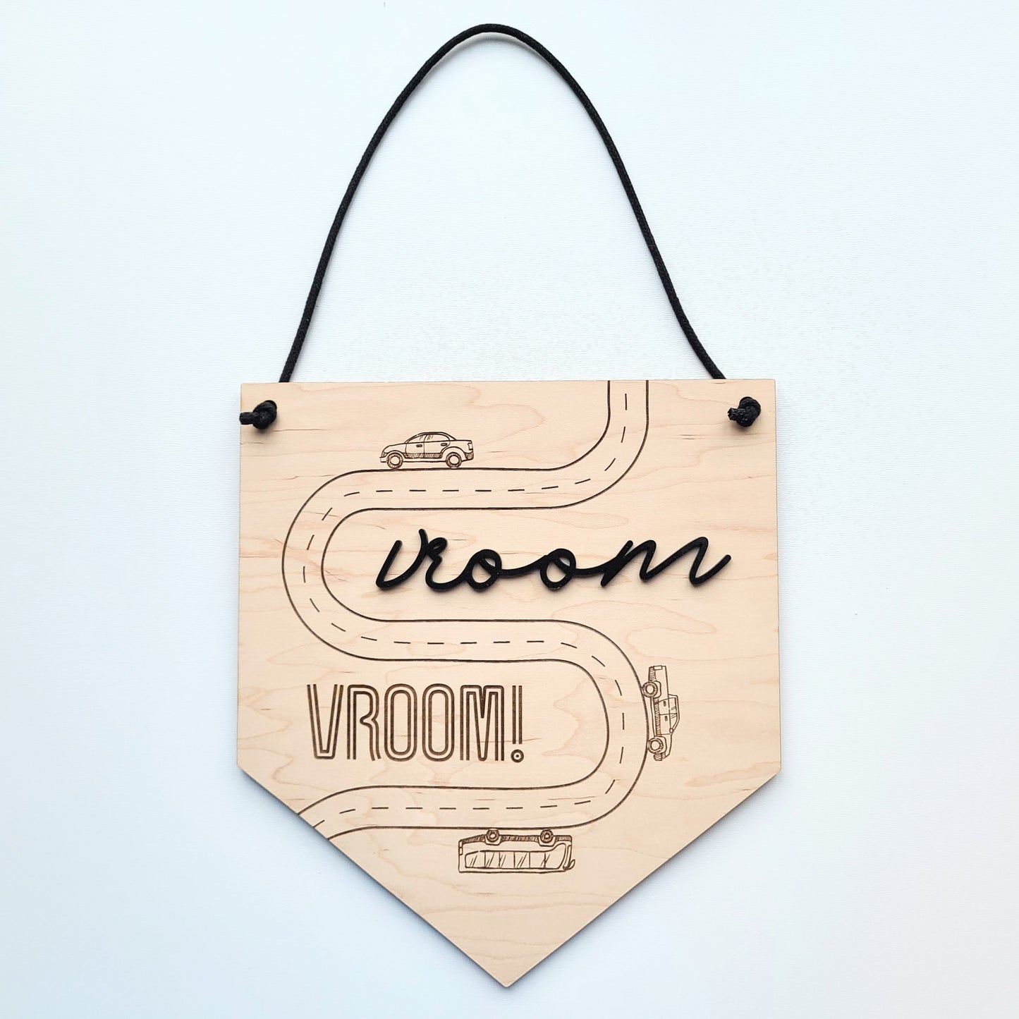 Vroom Vroom Cars on Road Large Wood Gonfalon Pennant Flag For Nursery or Kid's Room