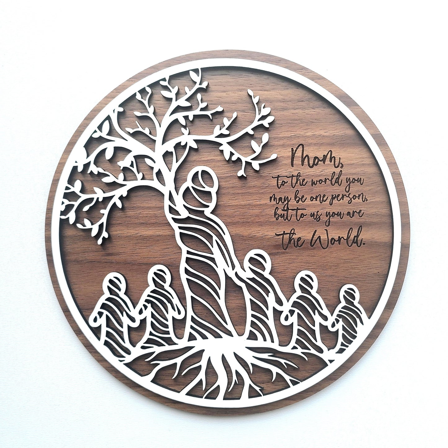 Mother Tree Round Walnut Sign -  Customizable with 1 to 5 Children