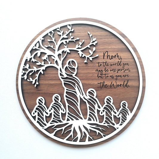 Mother Tree Round Walnut Sign -  Customizable with 1 to 5 Children