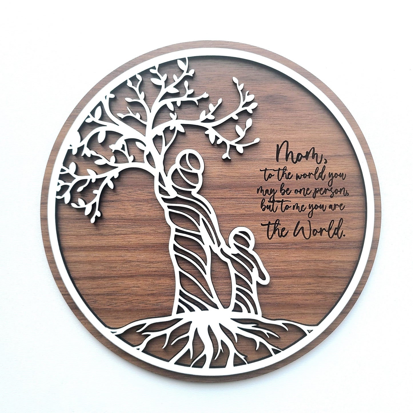 Mother Tree Round Walnut Sign -  Customizable with 1 to 5 Children