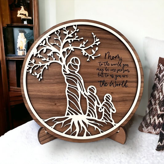 Mother Tree Round Walnut Sign -  Customizable with 1 to 5 Children
