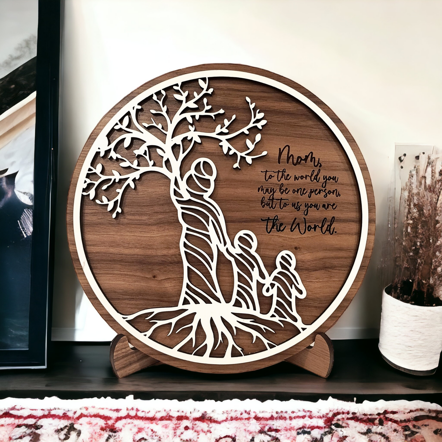 Mother Tree Round Walnut Sign -  Customizable with 1 to 5 Children